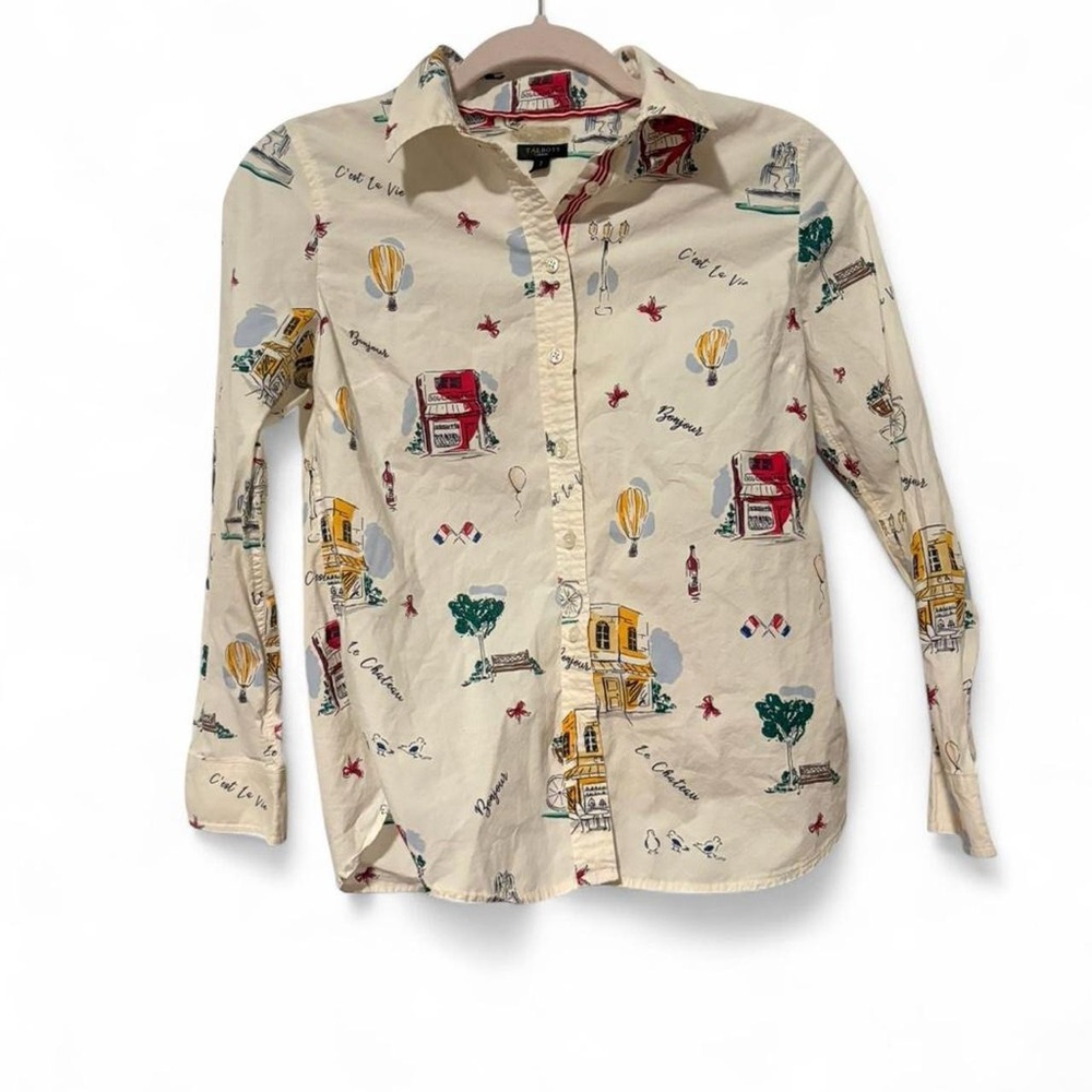 Vintage Euro‎ vibes white button up with adorable French print xs